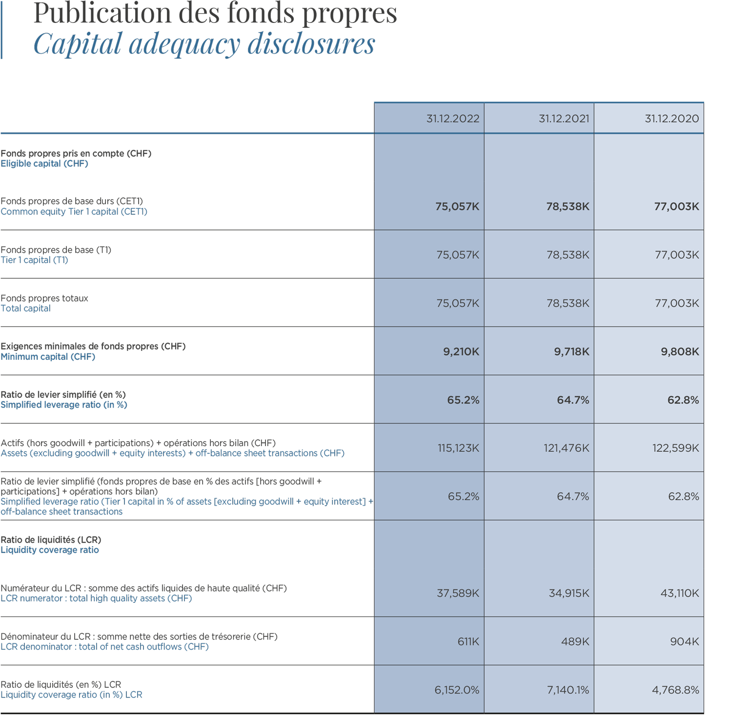 Publication des fonds propres / Capital adequacy disclosures