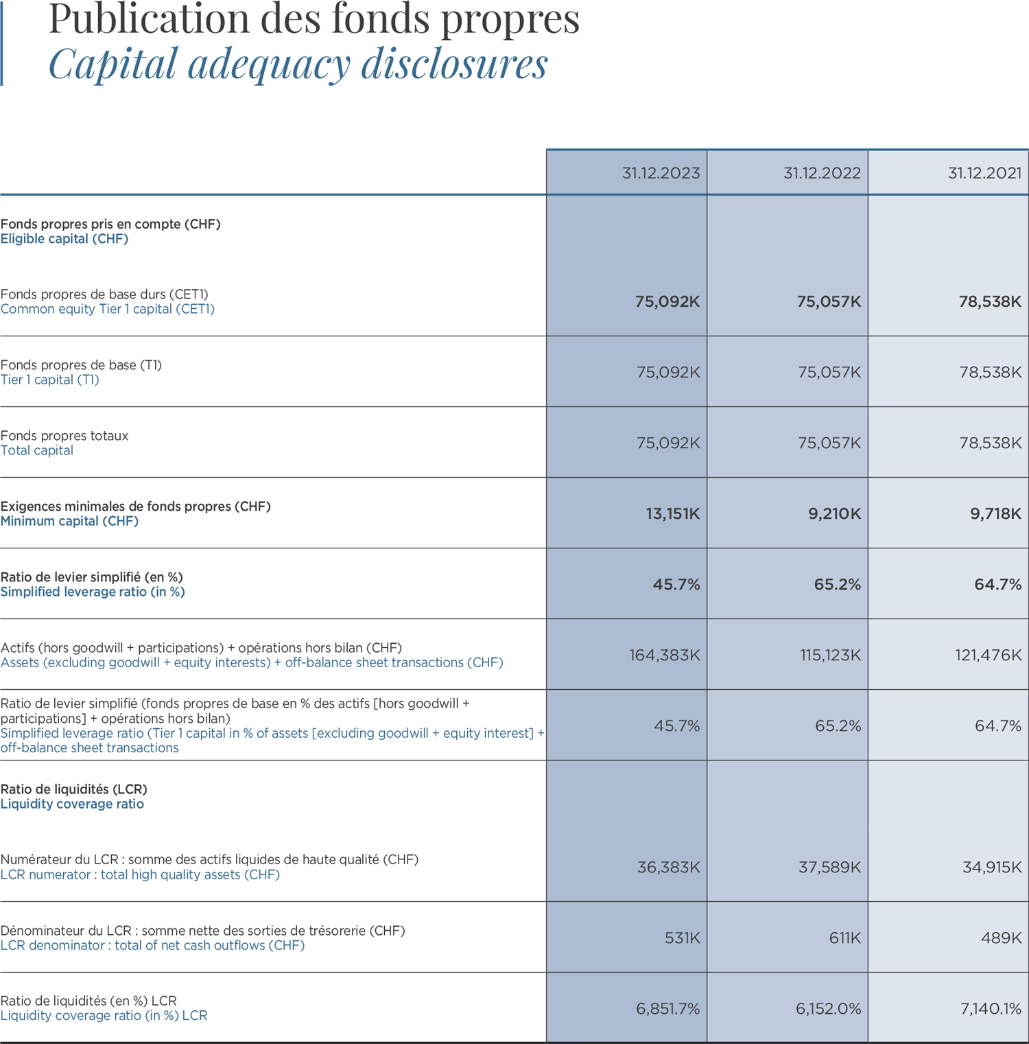 Publication des fonds propres / Capital adequacy disclosures